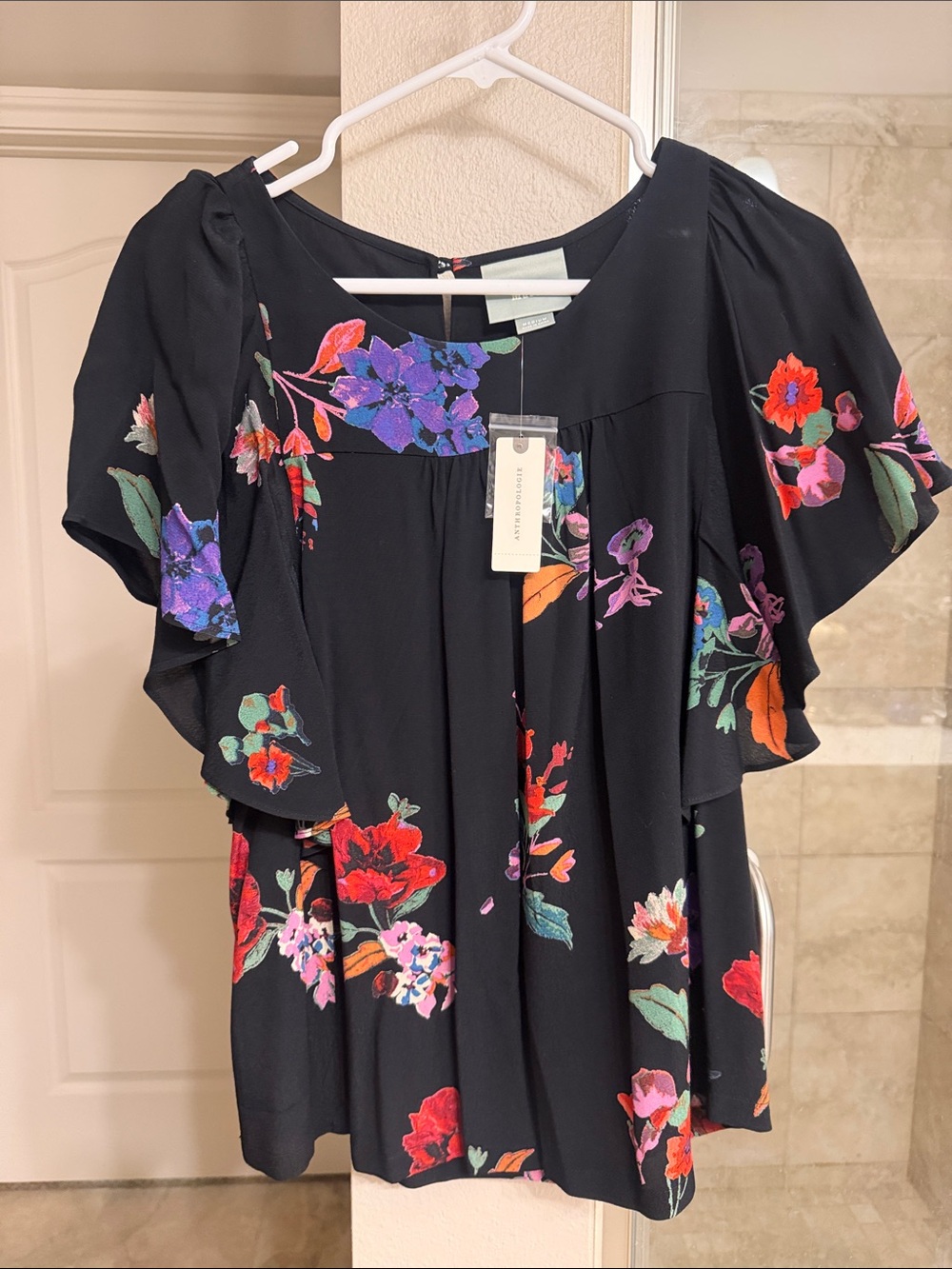 NWT Anthropologie Black Floral Flutter-Sleeve Blouse